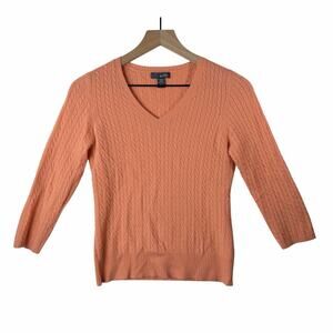 Griffen 100% Cashmere Ribbed 3/4 Sleeve V-Neck Orange Sweater Women's S